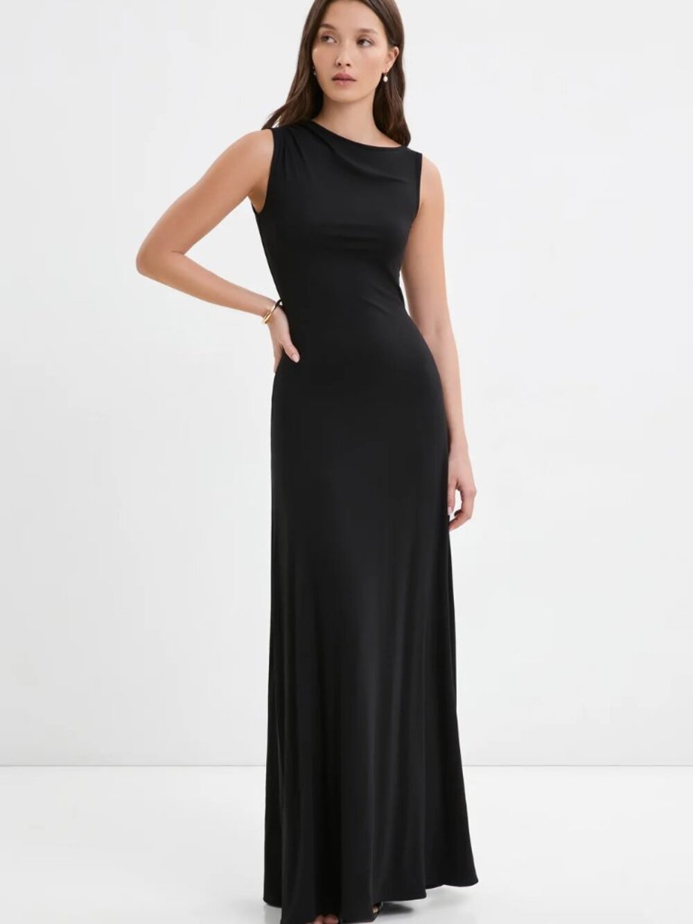 NWT The Marcella Laurel Black Sleeveless Stretch Jersey Asymmetrical Long Gown,S